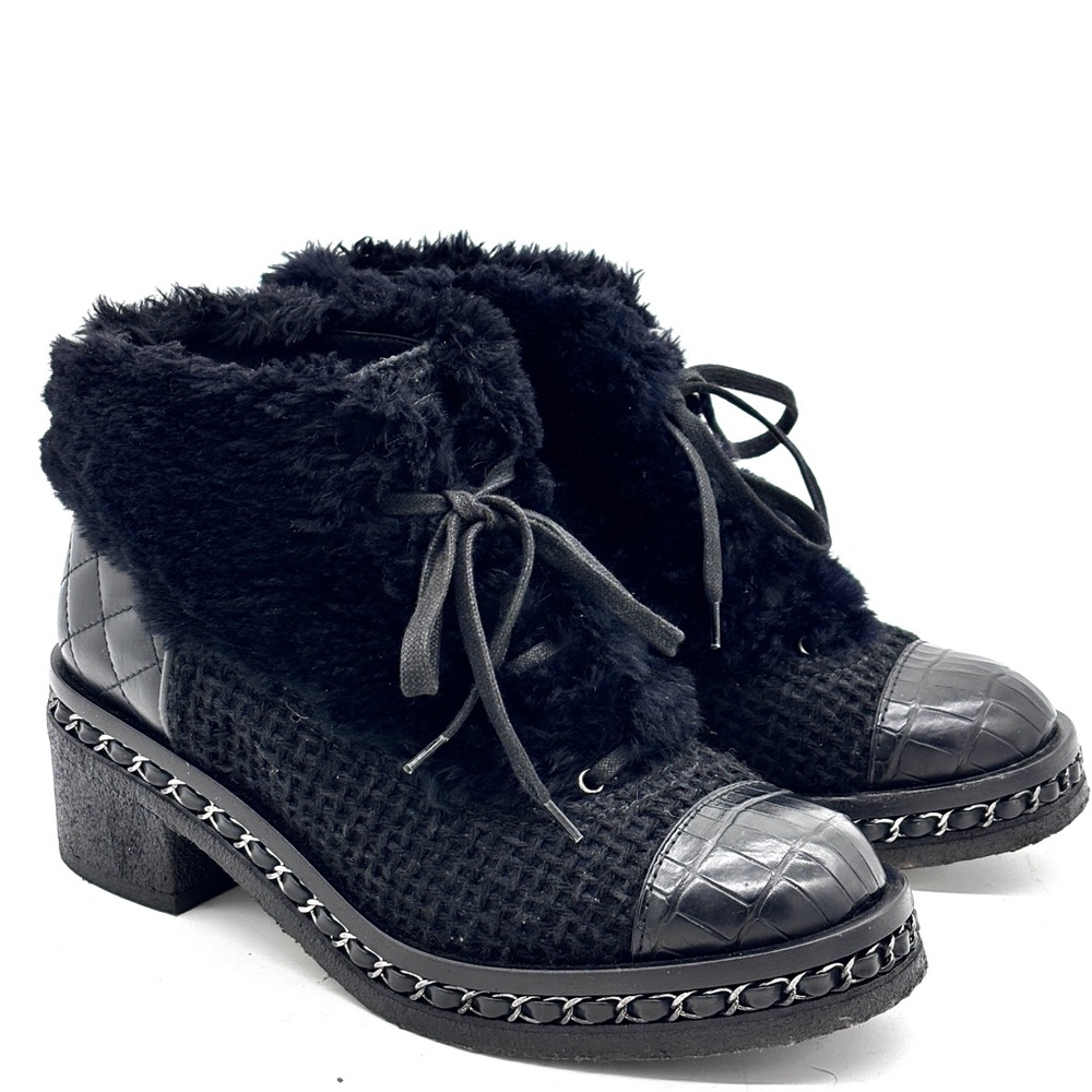 Chanel Beaver Fur Trimmed Alligator Skin Tweed Black Lace Up Boots